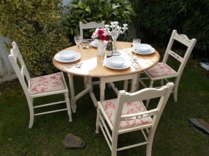 Antique oak dining set up-cycled using Annie Sloan paint & Toile due Jour fabric